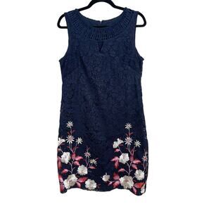 Roz & Ali Size 10 Navy Blue mbroidered Lace Floral Sheath Sleeveless Dress